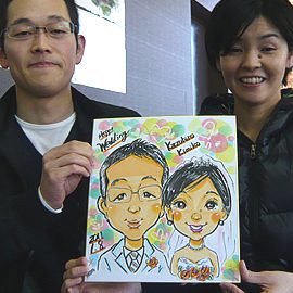 関東地方を中心に活動する似顔絵師が描いた結婚式姿のカップルの似顔絵