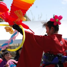 大きな鳥のバルーンアートを作って披露する女性バルーンパフォーマー