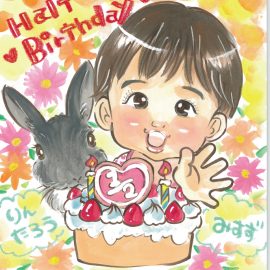 漫画タッチで描かれた赤ちゃんのお誕生日祝いの似顔絵