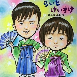 関東地方を中心に活躍している似顔絵師が描いた袴姿のご兄弟の似顔絵